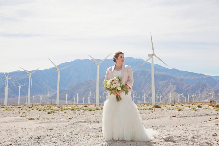Bride at wind turbines Palm Springs