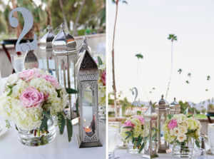 Table centerpieces, Roses, peonies and Moroccan lanterns