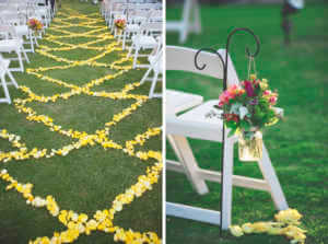 Aisle decor, flower petals, rustic, yellow, color, flowers, weddings, nuptials, Cali weddings, photography, PS, Miramonte