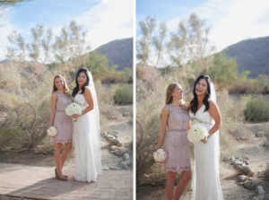 Bridal portrait, bride, happy, bridesmaid, best friend, flowers, fun, funny, sweet, desert, Palm Desert, California, Cali