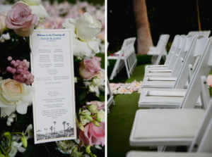 The program and seating at this Ritz Carlton wedding, lovely shades of pink and white and green.