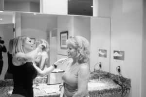 Bride getting ready in black and white