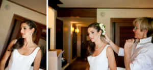 Bride gets final hair and makeup touchups at the Ritz Carlton Rancho Mirage