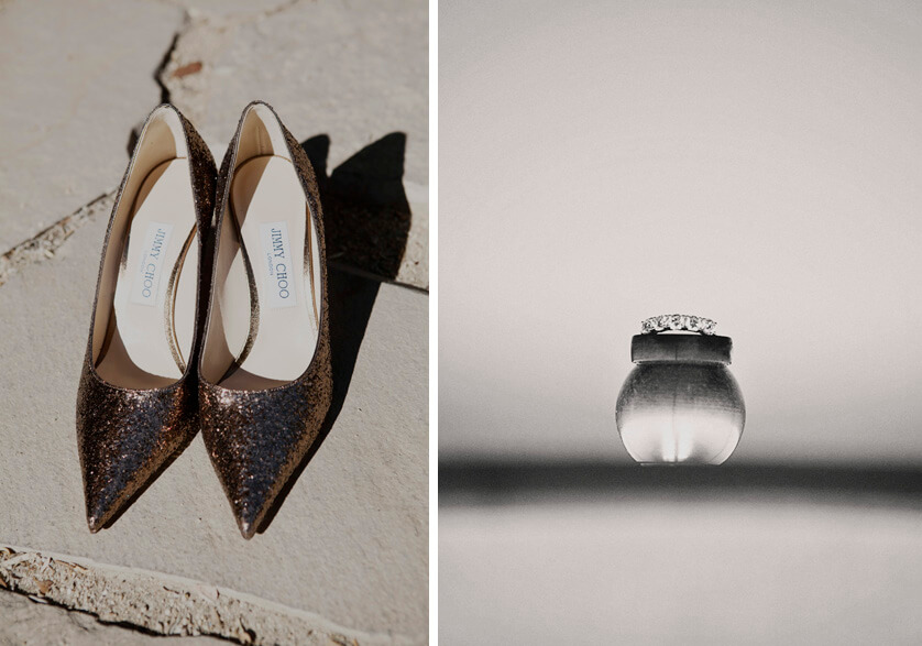 The brides shoes and details of the rings photographed on the wedding day at this Rancho Mirage wedding