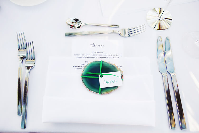 Emerald green agate, Geode place card settings 