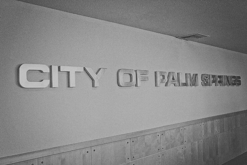 Palm Springs City hall sign in black and white