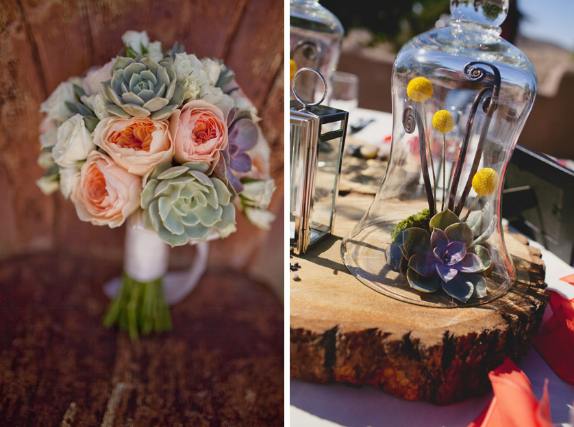 Boho table decor with flowers under glass dome and bouquet with succulents and peonies