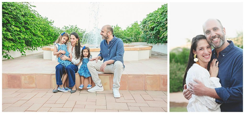 Sweet family pose casually outdoors against a natural and very pretty garden backdrop. 