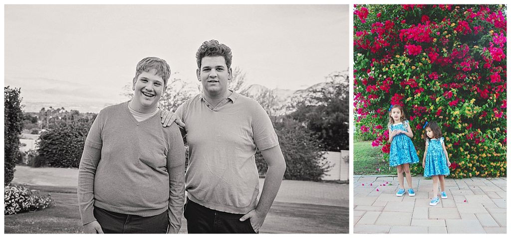 A lovely black and white image of two brothers smiling happily at the camera and one color image of the two young girls showing off their matching dresses in front of a gorgeous flowering bougainvillea bush.