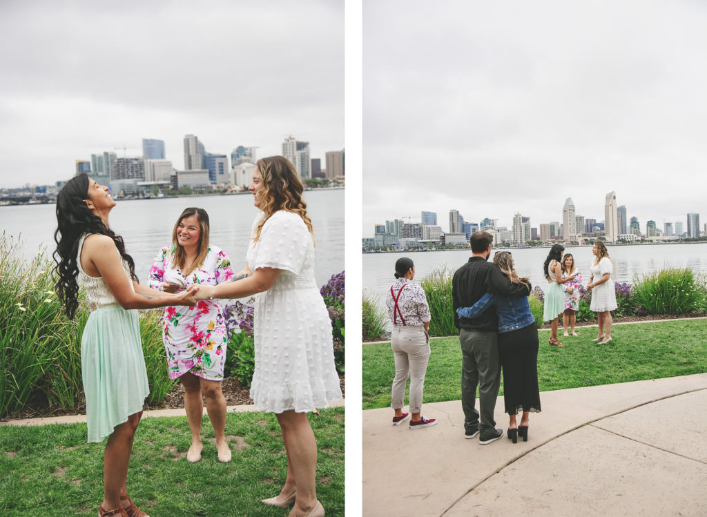 Two brides say their vows during their intimate ceremony at a waterfront park on Coronado Island.  They share a candid moment of humor with their four friends looking on with love. 
