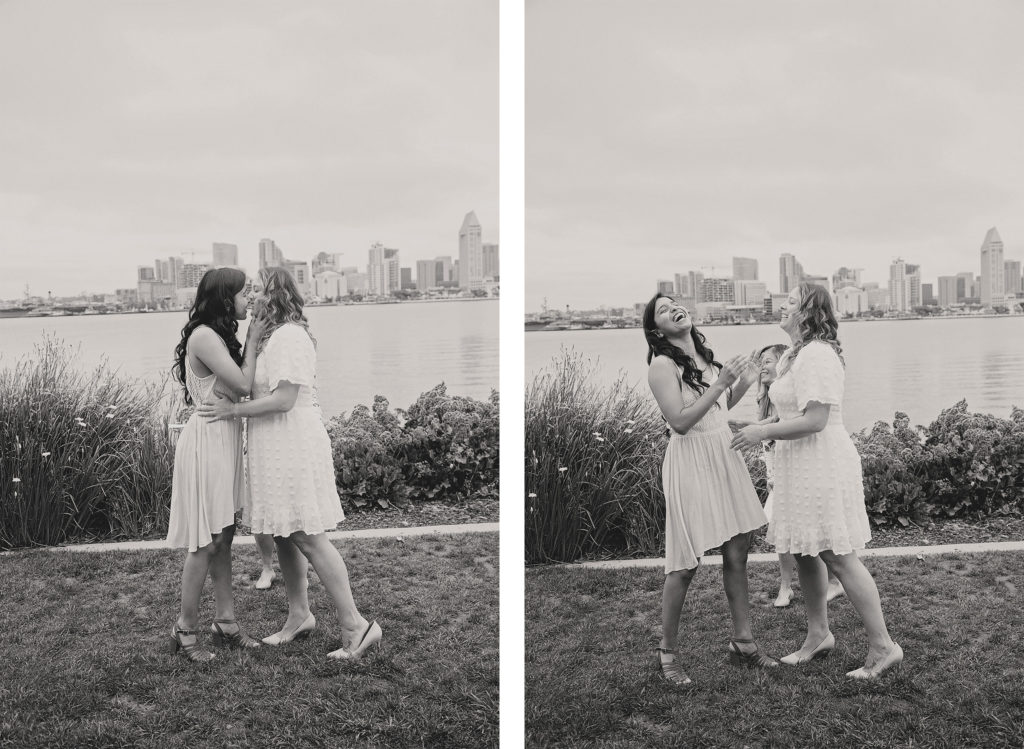 In this monochromatic diptych, the pure joy of a wedding day is palpable. On the left, two brides share a tender, loving embrace, set against the backdrop of San Diego's iconic skyline mirrored in the calm bay. Their expressions are filled with the love and happiness of their special moment. The right image captures a burst of laughter, a candid display of the bliss and exhilaration that characterize their union. The surrounding landscape—a blend of urban and natural elements—reflects the beauty and harmony of their celebration. These images are a timeless representation of love, joy, and the personal story they tell together.