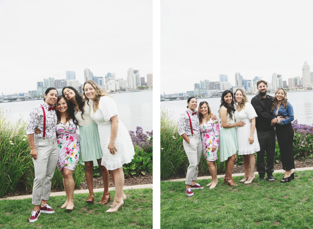 These two heartwarming scenes capture the essence of a joyous wedding celebration against the vibrant backdrop of San Diego's skyline. In the first image, the happy couple is flanked by friends, their smiles broad and genuine, embodying the happiness of the day. The brides, one in a white lace dress and the other in a pastel number, stand close, surrounded by the love of their guests, with the cityscape across the water creating a stunning urban canvas.

In the second photo, the group's configuration shifts slightly, including a new guest, as they all come together to commemorate this special occasion. The guests' attire, from floral to formal, adds a personal touch to the celebration, reflecting their individual styles and the festive atmosphere of the gathering. Each person in the frame contributes to the narrative of love and support that surrounds the couple on their memorable day.