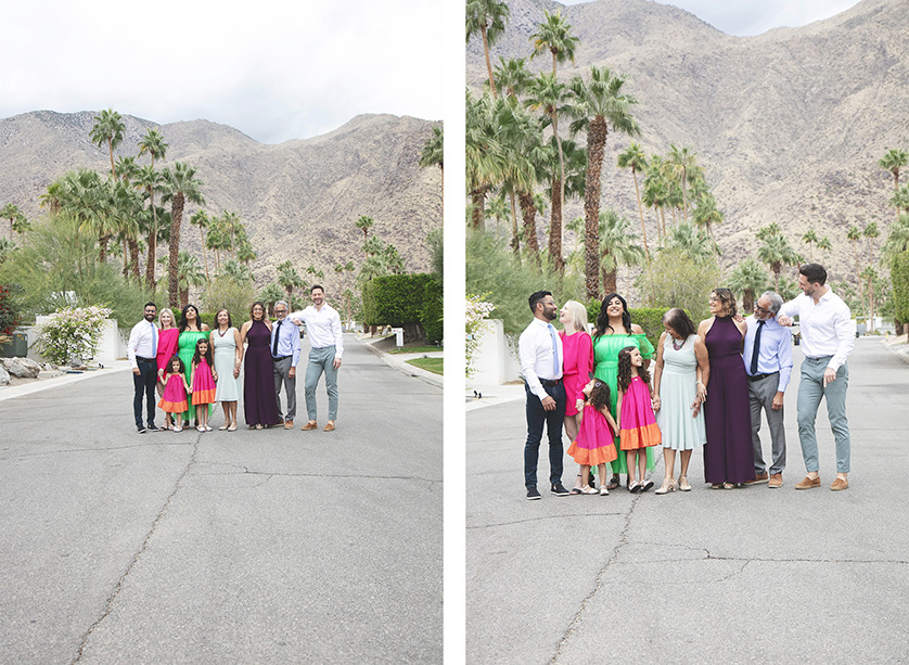 Entire extended family stand on a quiet Palm Springs street for full generational photos