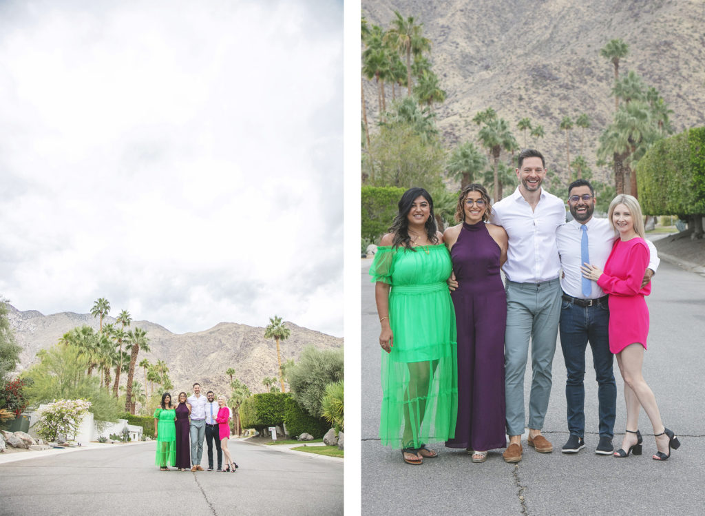 Entire family pose in the Palm Springs neighborhood, one closup image and one far away.