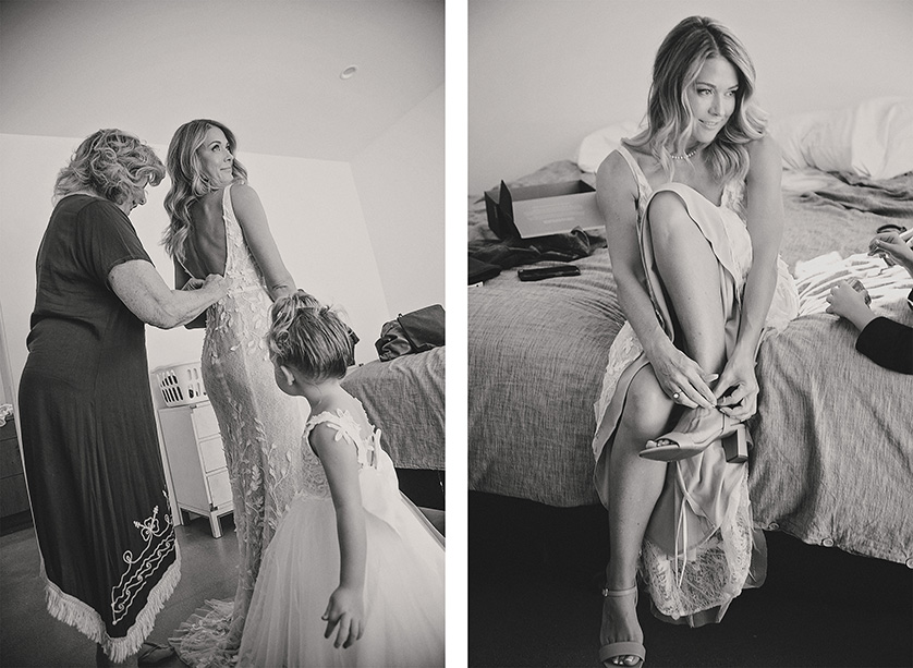 Sarah, the bride finishes getting dressed for her wedding ceremony.