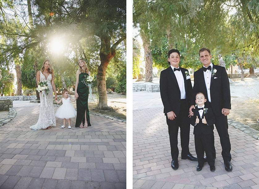 Portraits of the couple and their children on a brick path with trees and late afternoon sun