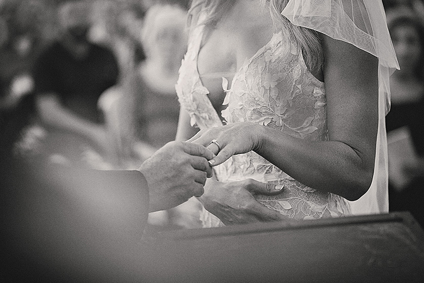 Close up in black and white of the brides ring