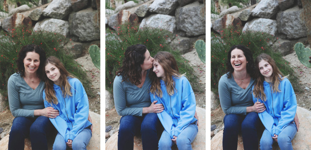 Mom and daughter sit on a rock for a set of 3 photos, relaxed, fun and silly