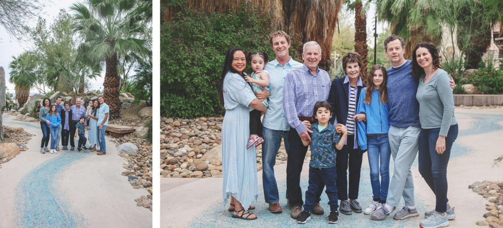 Two photos of the entire generational family posing in a park