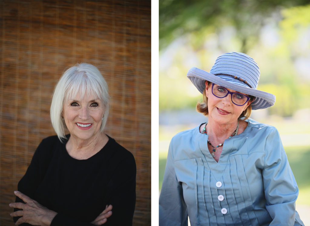 Two photos of older ladies photographed against natural backdrops.  Both are casual, camera aware