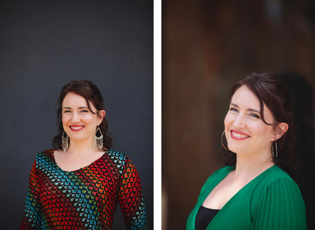 Two photos of a lovely woman, smiling at the camera.  One wearing a colorful top with dangling earings and the other a deep green blouse with a black tank top.