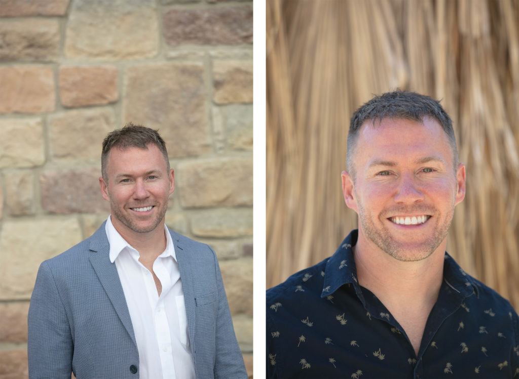 Two photos of a real estate agent against two different, but neutral beige backdrops