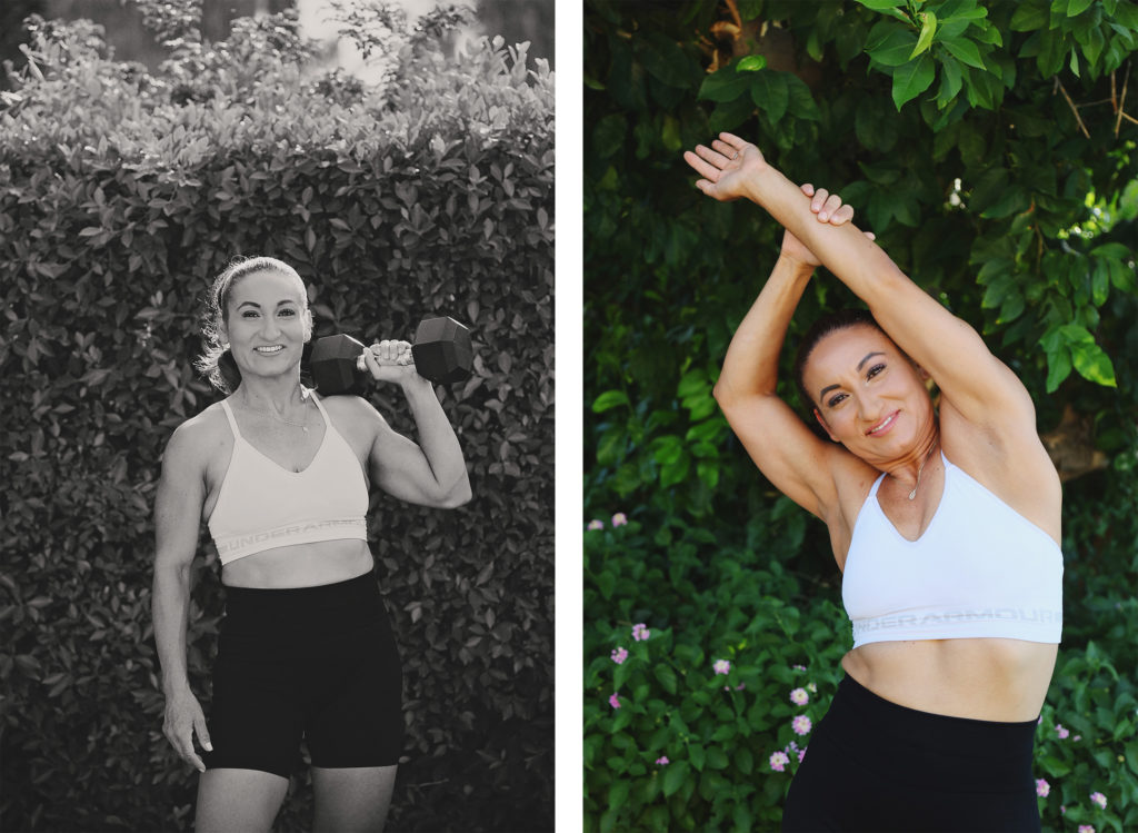 Two photos of a woman showing off her physical fitness achievement