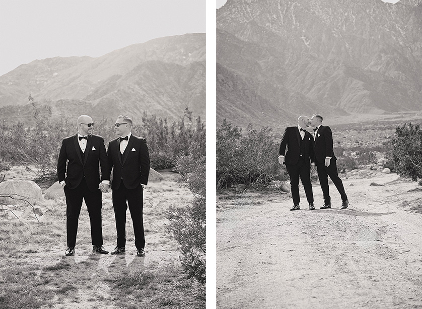 Two monochromatic photos of two grooms in the desert southwest, in tuxedos