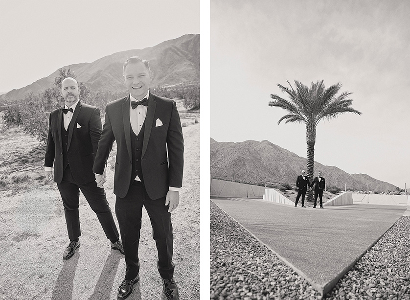 two creative black and white photos of two grooms celebrating their 10th wedding anniversary with portraits in the desert