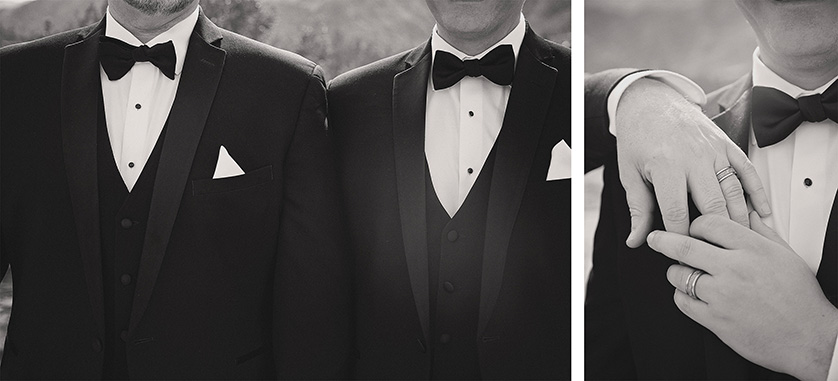 two black and white closeup photos featuring two grooms, showing their perfectly tied bowties and wedding rings