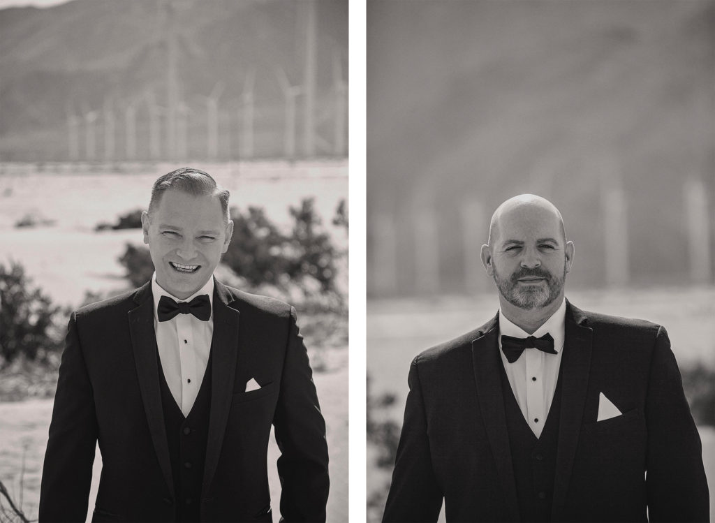 Two photographs of camera aware gentlemen in tuxedos and bowties, lovely casual smiles