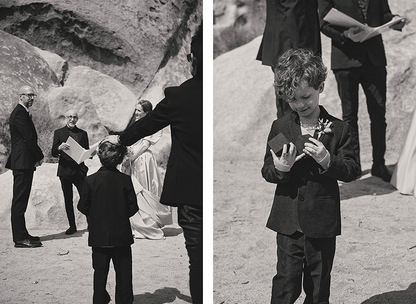 The ring bearer proudly doing his very important job looking after the rings and their boxes in Joshua tree