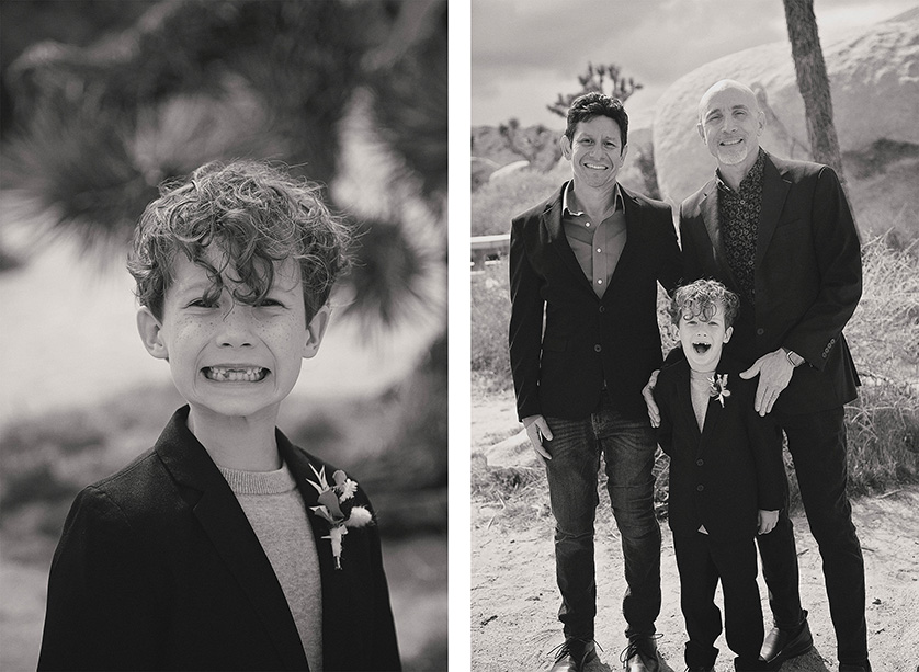 A charming photo of the ring bearer grinning, showing off his missing teeth and  a photo of the officiant and the ring bearer all together