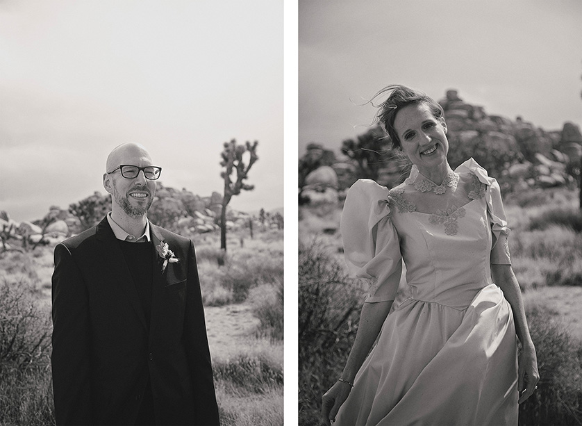 Two casual black and white photos, one of the handsome groom and one of the beautiful bride solo