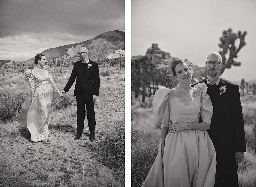 Two black and white portraits of the bride and groom posing in the stormy windy scenery of Joshua Tree national park