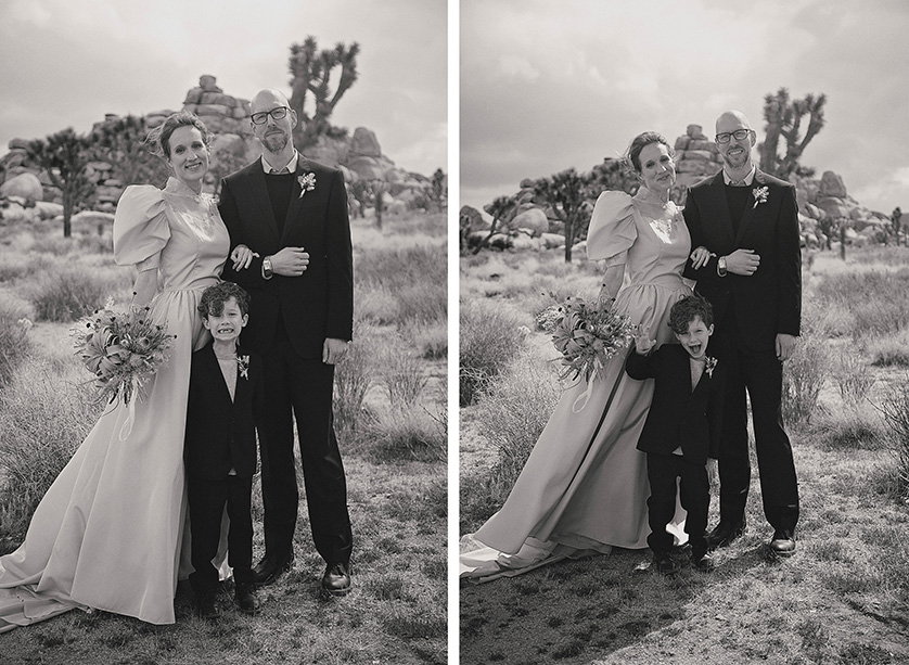 Casual black and white photographs of the bride, groom and their son in the stunning Joshua Tree park