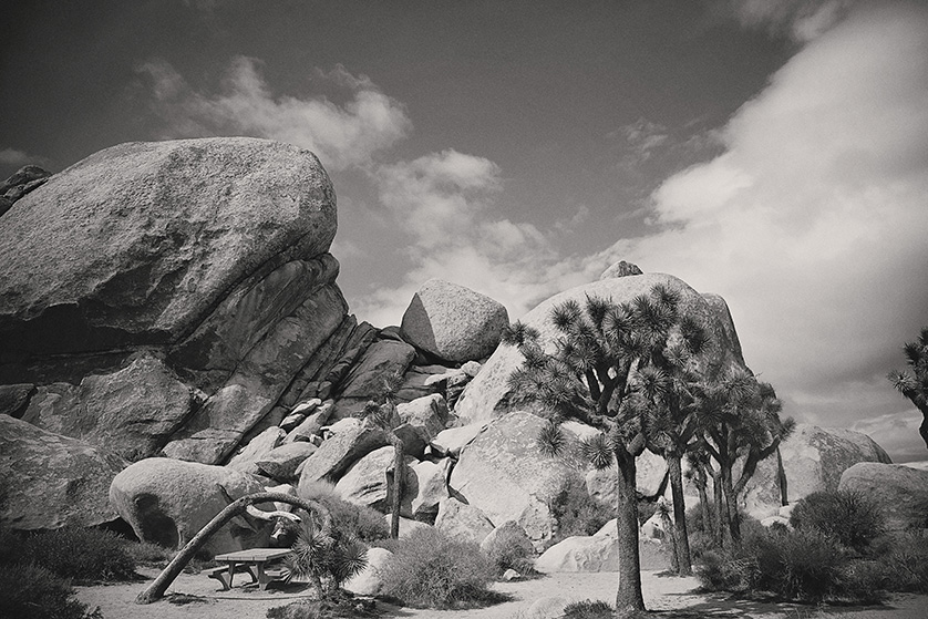 Classic black and white photograph of the rock formations at joshua tree park