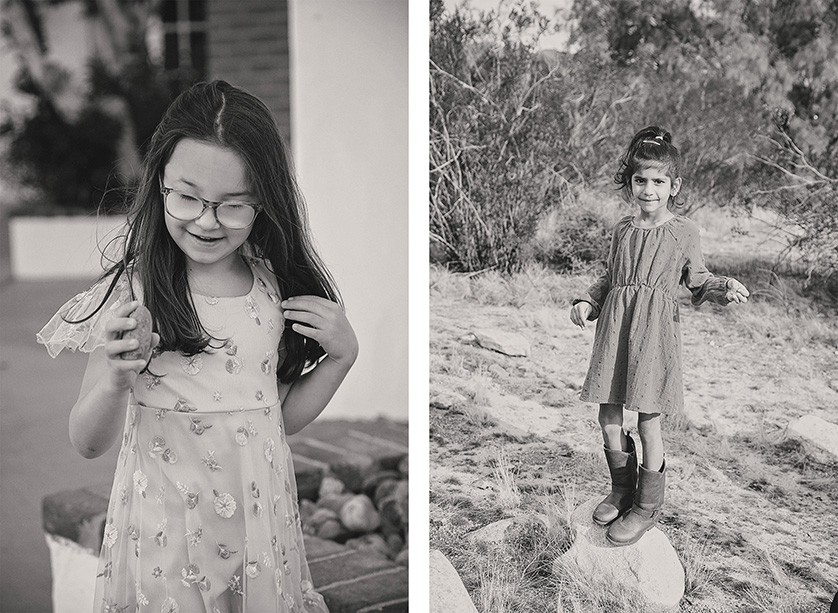 Two photos of young girls, photographed in black and white, both with long brown hair, wearing pretty dresses