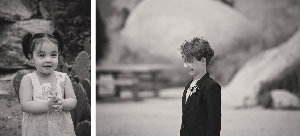 Two photographs, one of a young boy in a suit in Joshua Tree.  One of a toddler with pig-tails with hands clasped sweetly in front of her. 