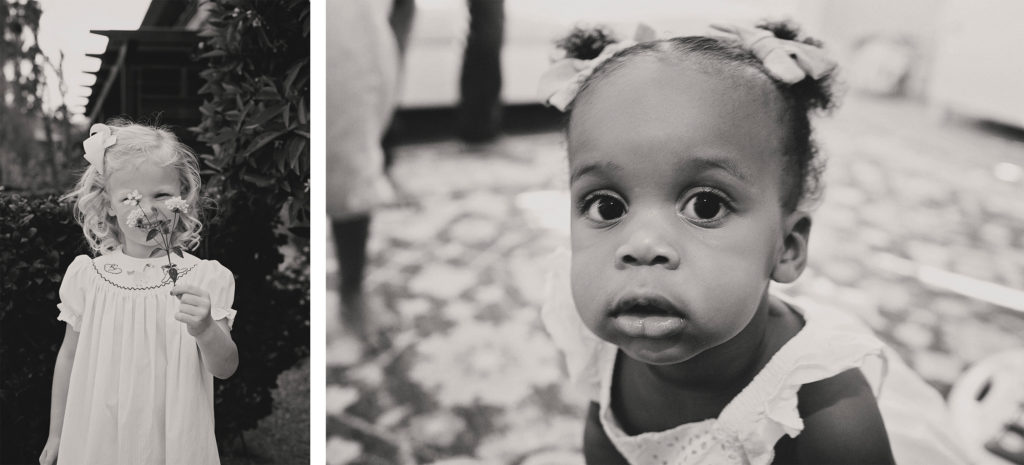 Two candid photos in black and white.  In one a little girl in a white dress holds a flower up to her face.  The other photos is of an african american toddler looking very serious, directly into the lens