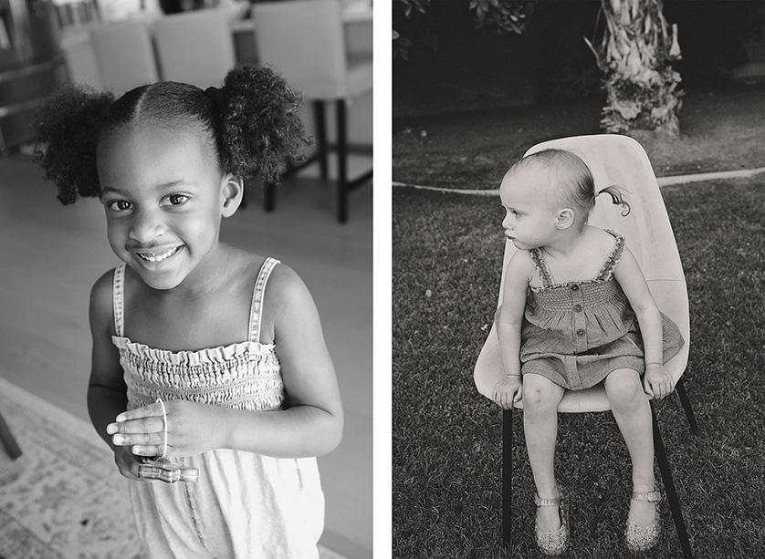 Two sweet photos of young girls, both with pig tails.  One photo of an african american girl with pig tails smiling sweetly at the camera, the other a younger girl sits on a mid-century style chair, looking at something off camera