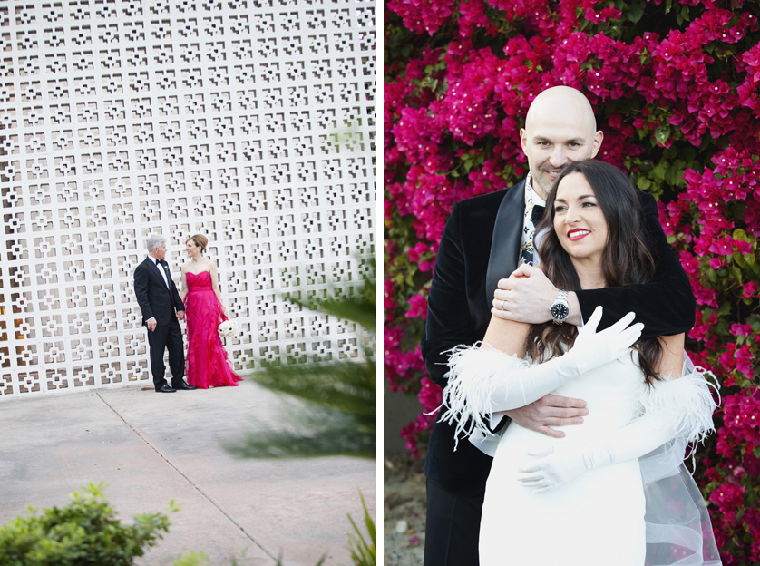 Two photos showing newly married couples posing happily against dramatic backdrops