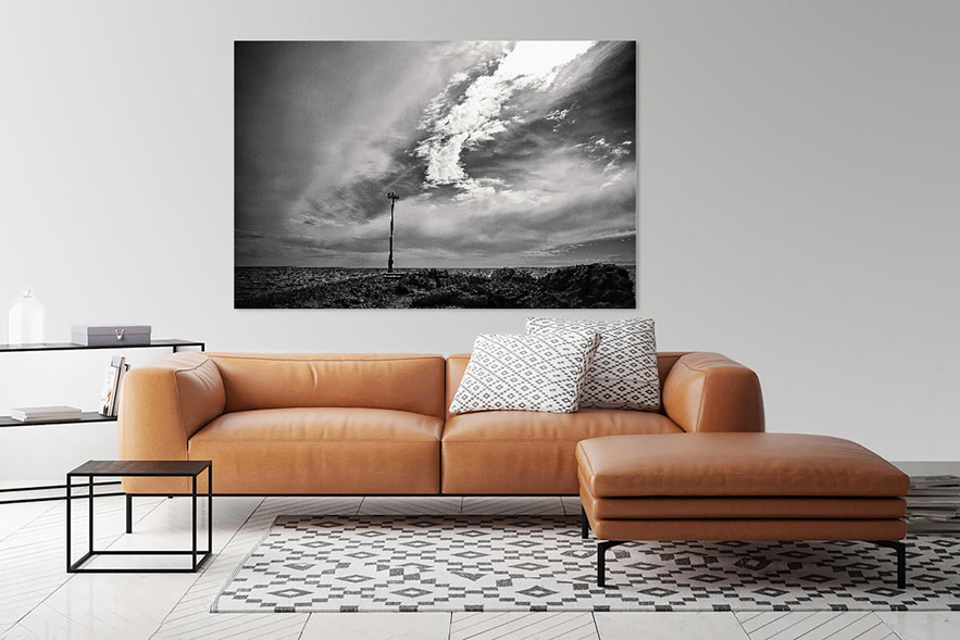 Black and white photograph of Salton See on living room wall