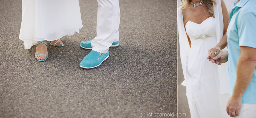 Bride and groom pose for photos in Palm Springs. The bride in all white and the groom in white trousers and turquois shirt and shoes.