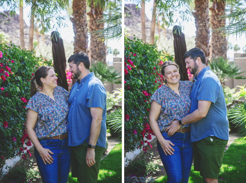 Mom and Dad pose for fun and candid portraits with greenery all around