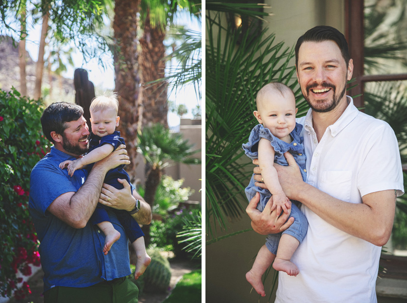 Two photos of dads holding their infant sons in a lush green garden setting