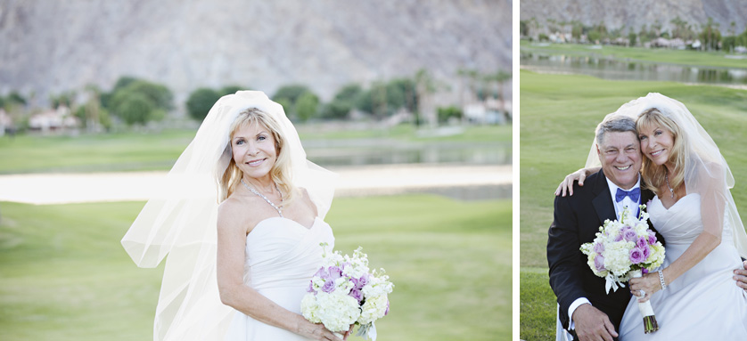 Older couple pose for wedding photos on golf course