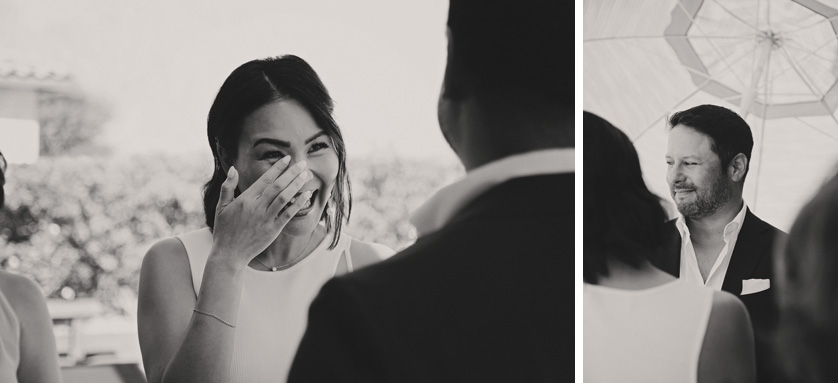 black and white photo of emotional bride during her wedding ceremony