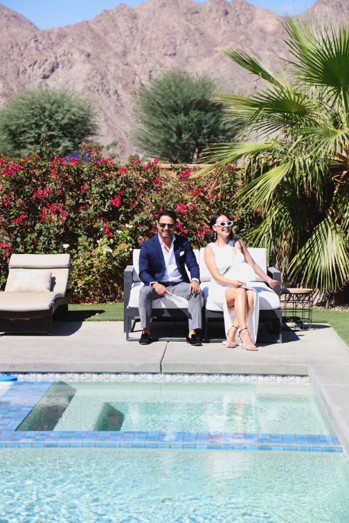 Poolside portraits for the bride and groom