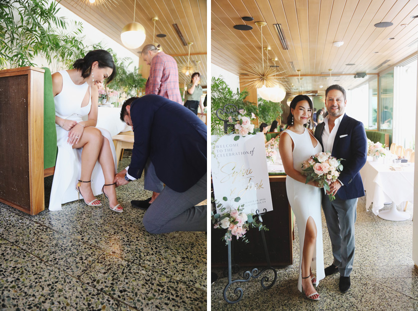 Bride and groom pose for a photo at the entrance to their lunch